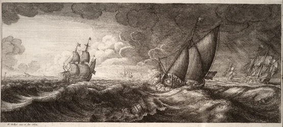 Eine Yacht und drei Kriegsschiffe in einem Sturm. Zustand 1